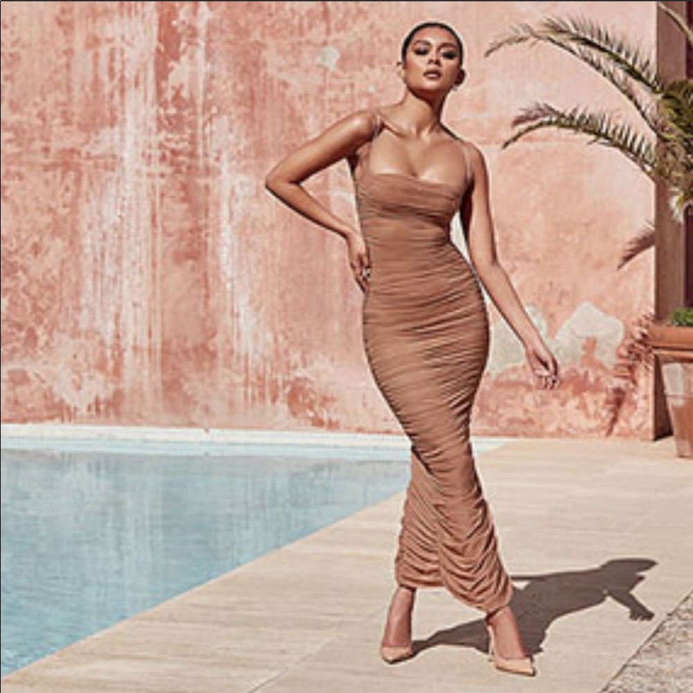 Fornarina Tan Organza Mesh Maxi Dress